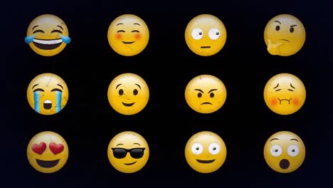 Digital-animation-of-network-of-connections-over-multiple-face-emojis-against-black-background