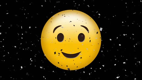 Digital-animation-of-confetti-falling-over-winking-face-emoji-against-black-background