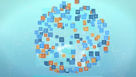 Globus-Digitaler-Symbole,-Die-Sich-Auf-Mehreren-Bildschirmen-Drehen,-Mit-Datenverarbeitung-Auf-Blauem-Hintergrund