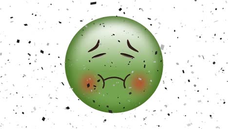 Digital-animation-of-confetti-falling-over-green-sick-face-emoji-against-white-background