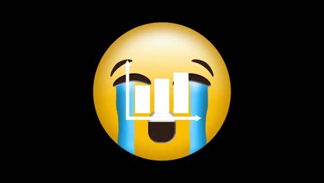 Digital-animation-of-bar-graph-icon-over-crying-face-emoji-against-black-background