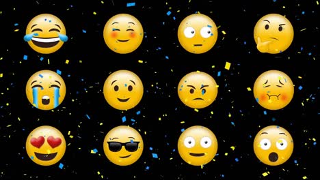 Digital-animation-of-confetti-falling-over-multiple-face-emojis-against-black-background