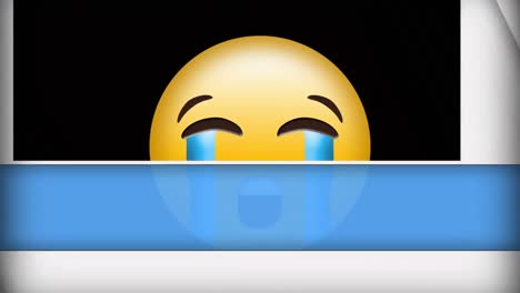 Animation-of-sad-emoji-icon-over-blue-and-white-moving-lines-on-black-background