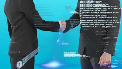 Data-processing-over-mid-section-of-businessman-and-businesswoman-shaking-hands