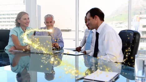 Golden-shooting-star-against-diverse-businesspeople-discussing-together-in-a-meeting-room-at-office