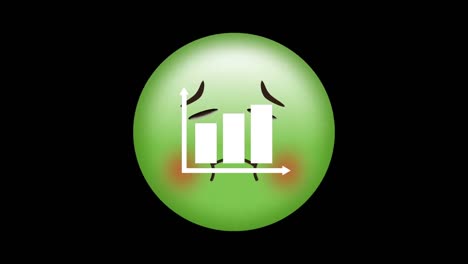 Digitale-Animation-Des-Balkendiagrammsymbols-über-Grünem-Emoji-Mit-Krankem-Gesicht-Vor-Schwarzem-Hintergrund