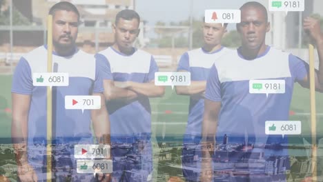 Animation-of-social-media-notifications-over-four-diverse-male-members-of-sports-team