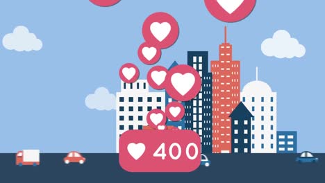 Heart-icon-with-increasing-numbers-over-vehicles-on-the-road-against-tall-buildings