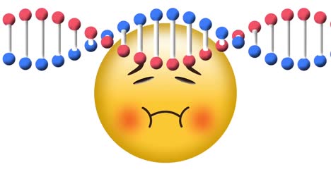 Digitale-Animation-Einer-DNA-Struktur,-Die-Sich-über-Einem-Emoji-Mit-Krankem-Gesicht-Vor-Weißem-Hintergrund-Dreht