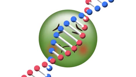 Animation-Eines-DNA-Strangs,-Der-Sich-über-Einem-Kranken-Emoji-Dreht,-Auf-Weißem-Hintergrund
