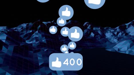 Like-icon-with-increasing-numbers-over-blue-3d-structures-spinning-on-black-background