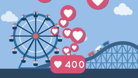 Animation-of-rising-red-heart-love-symbols-and-number,-over-funfair