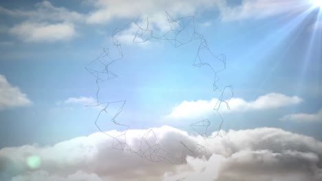 Abstrakte-Geometrische-Formen,-Die-Sich-Gegen-Wolken-Am-Blauen-Himmel-Drehen