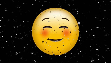 Animation-of-confetti-falling-over-happy-blushing-emoji,-on-black-background