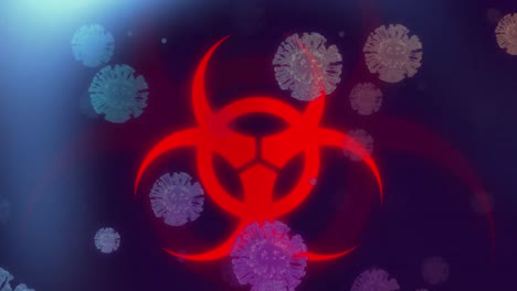 Animation-of-red-biohazard-symbol,-lights-and-covid-cells-on-dark-background
