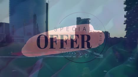 Animation-of-text-special-offer,-on-pink-paint,-over-cityscape