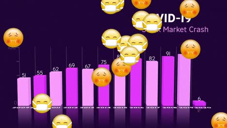 Digitale-Animation-Mehrerer-Gesichts-Emojis,-Die-Vor-Covid-19-Statistiken-Auf-Blauem-Hintergrund-Schweben