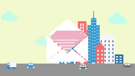 Digitale-Animation-Des-Nachrichtensymbols-über-Fahrzeugen-Auf-Der-Straße-Vor-Hohen-Gebäuden