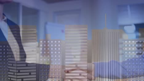 Animation-of-two-business-people-shaking-hands,-over-city-buildings