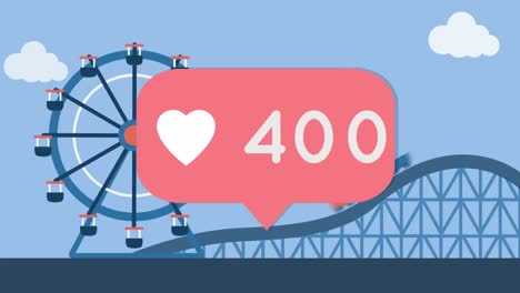 Heart-icon-with-numbers-on-speech-bubble-against-amusement-park