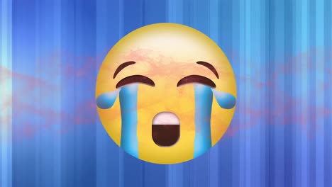 Digital-animation-of-red-digital-wave-over-crying-face-emoji-against-blue-gradient-background