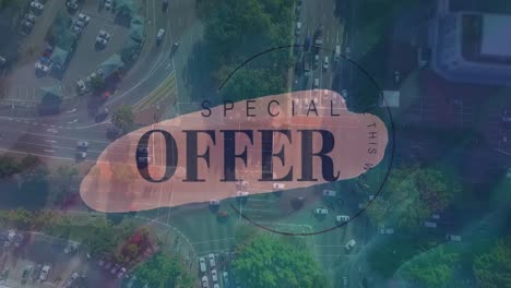 Digital-composition-of-special-offer-text-banner-against-aerial-view-of-city-traffic