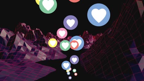 Multiple-colorful-heart-icons-floating-over-pink-3d-structures-spinning-on-black-background