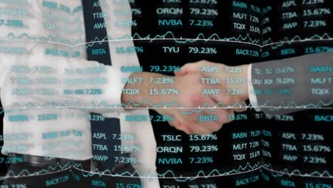 Stock-market-data-processing-against-mid-section-of-two-businessmen-shaking-hands