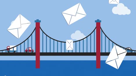 Animation-Von-E-Mail-Umschlagsymbolen,-Die-über-Eine-Verkehrsbrücke-Fallen