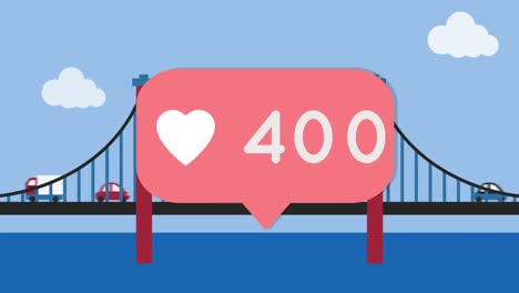 Heart-icon-with-numbers-on-speech-bubble-against-vehicles-on-the-bridge-against-blue-sky