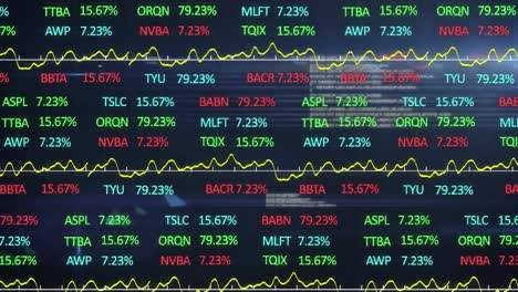 Digital-animation-of-stock-market-data-processing-over-spots-of-light-against-blue-background