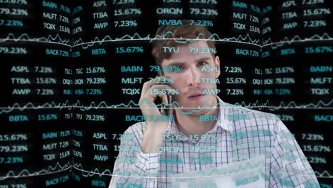 Stock-market-data-processing-over-caucasian-man-talking-on-smartphone-against-black-background