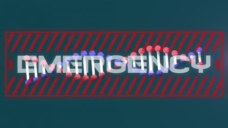Emergency-text-banner-over-dna-structure-spinning-and-purple-digital-wave-on-green-background