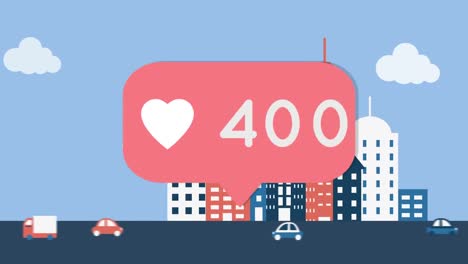 Heart-icon-with-numbers-on-speech-bubble-over-vehicles-on-the-road-against-tall-buildings