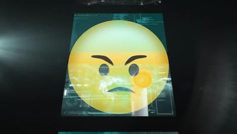 Animation-of-interface-screens-cascading-over-angry-emoji,-on-black-background