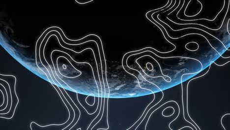 Digital-animation-of-topography-over-spinning-globe-against-blue-background