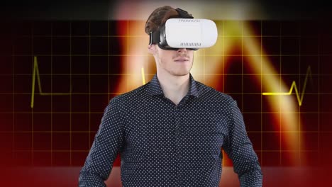 Animation-Eines-Mannes,-Der-Ein-VR-Headset-über-Einem-Herzfrequenzmesser-Im-Raster-Trägt