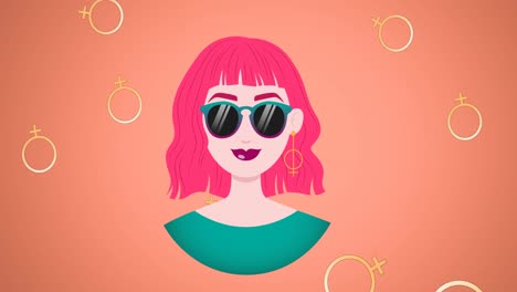 Animation-of-woman-wearing-sunglasses,-over-falling-female-symbol