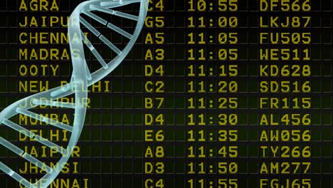 Digitale-Animation-Einer-DNA-Struktur,-Die-Sich-Gegen-Die-Informationstafel-Des-Flughafens-Dreht