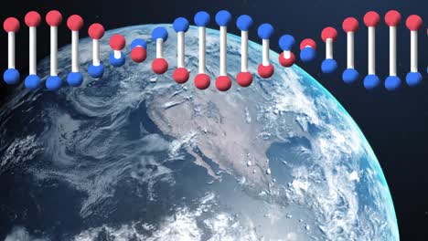 DNA-Struktur,-Die-Sich-Vor-Dem-Globus-Auf-Blauem-Hintergrund-Dreht