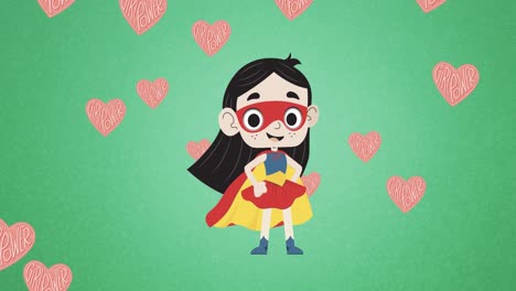 Animation-of-super-hero-girl,-over-flying-hearts