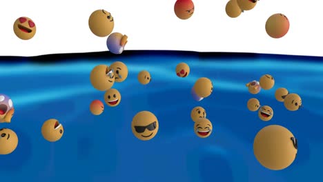 Digitale-Animation-Mehrerer-Gesichts-Emojis,-Die-Vor-Einer-Blauen-Flüssigen-Textur-Auf-Weißem-Hintergrund-Schweben