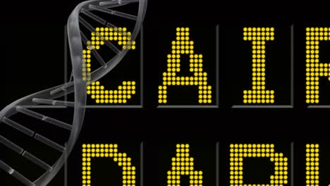 Digitale-Animation-Einer-DNA-Struktur,-Die-Sich-Gegen-Die-Informationstafel-Des-Flughafens-Dreht