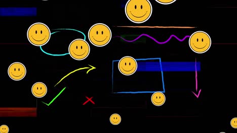 Multiple-smiling-face-emojis-floating-against-colorful-abstract-shapes-on-black-background