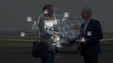Animation-of-globe-with-network-of-connections-over-airplane-and-businessmen
