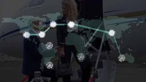 Animation-Des-Netzwerks-Von-Verbindungen-über-Weltkarte,-Flugzeug-Und-Geschäftsleuten