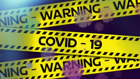 Animation-of-warning-covid-19-text-on-yellow-hazard-tape-with-coronavirus-cells,-on-black