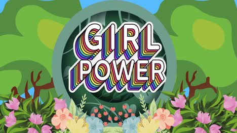 Zusammensetzung-Des-Textes-„Girls-Power“,-über-Bäumen-Und-Blumen