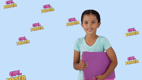 Animation-of-schoolgirl-over-multiple-girl-power-text-on-blue