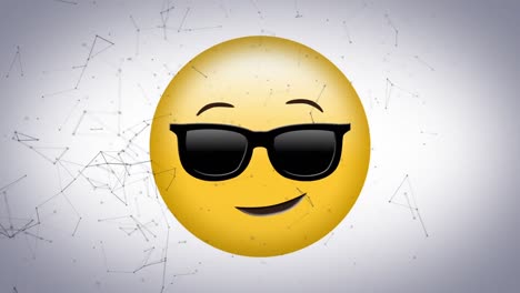 Digital-animation-of-network-of-connections-over-face-wearing-sunglasses-emoji-on-grey-background